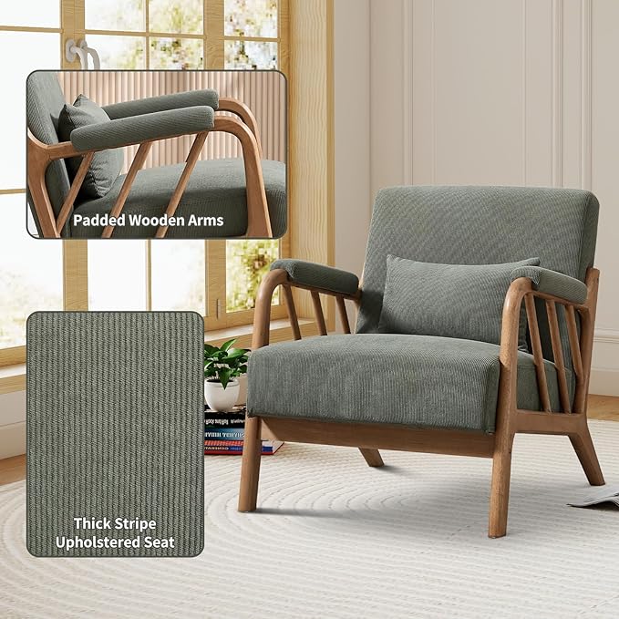 Mid Century Modern Accent Chair with Solid Wood Frame, Upholstered Living Room Chairs with Lumbar Cushion Padded Arms, Reading Armchair for Bedroom (1, Green)