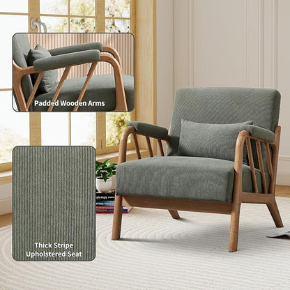 Mid Century Modern Accent Chair with Solid Wood Frame, Upholstered Living Room Chairs with Lumbar Cushion Padded Arms, Reading Armchair for Bedroom (1, Green)