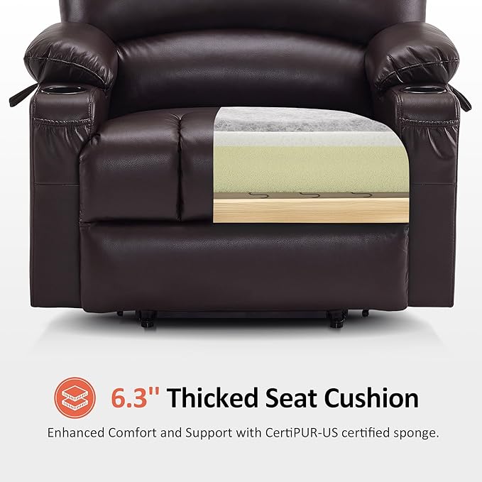 MCombo Oversized Power Lift Recliner Chair for Elderly, Lift Chair with Heat and Massage, Lift Recliner for Big and Tall, Cup Holders, USB &Type C Ports, Faux Leather R7092 (Dark Brown, Oversize)