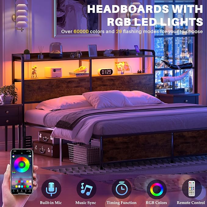 Aheaplus Headboard for Queen Size Bed Frame, Headboards with Outlets, USB Ports and LED Light, Head Board with Storage, Height Adjustable, Sturdy and Stable Headboard, Queen Size, Rustic Brown