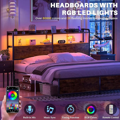 Aheaplus Headboard for Queen Size Bed Frame, Headboards with Outlets, USB Ports and LED Light, Head Board with Storage, Height Adjustable, Sturdy and Stable Headboard, Queen Size, Rustic Brown