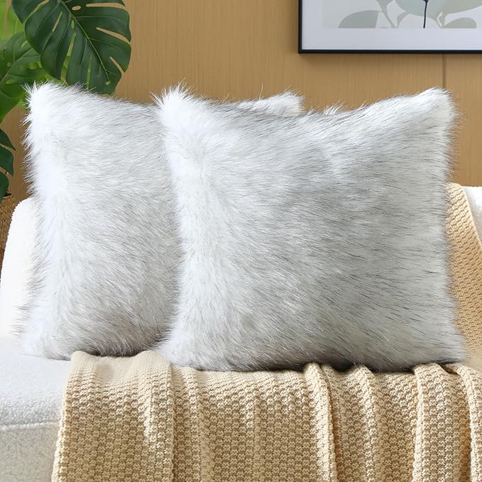 FUTEI Black White Decorative Throw Pillow Covers 26x26 Inch Set of 2,Soft Fluffy Faux Fox Fur Textured Euro Pillow Shams,Modern Home Decor for Couch Living Room