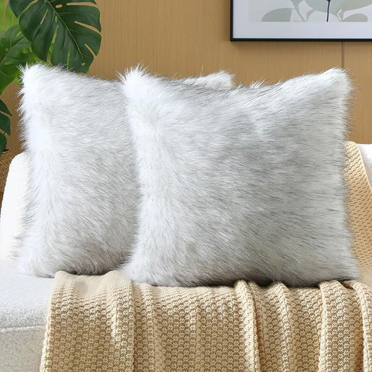 FUTEI Black White Decorative Throw Pillow Covers 24x24 Inch Set of 2,Soft Fluffy Faux Fox Fur Textured European Cushion Case,Modern Home Decor for Couch Living Room