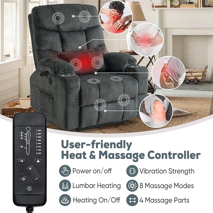 ABCASA Oversized Dual Motor Lay Flat Power Lift Recliner Chair with Massage, Heating, Lumbar Pillow, USB & Type-C Ports, Textile Lift Chair Recliner, Large Recliner for Big & Elderly People - Grey