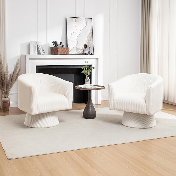 Swivel Accent Chair Set of 2, Modern 360° Swivel Barrel Chair, Corduroy Upholstered Single Sofa for Living Room, Bedroom (Beige)