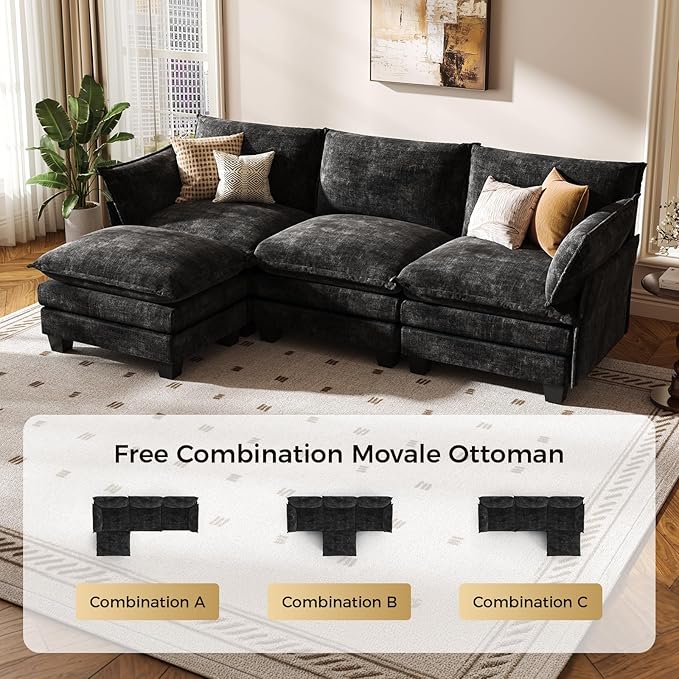KKL Modular Sectional Sofa, L-Shaped 4 Seater Cloud Couch with Ottoman, Chenille Modern Sectional Couches for Living Room, Apartment, Black
