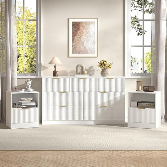 3-Piece Modern Bedroom Furniture Set, Wide 7-Drawer Dresser & 1-Drawer Nightstands Set of 2, Natural Wood Dresser and Nightstand Sets for Bedroom,Hallway, White