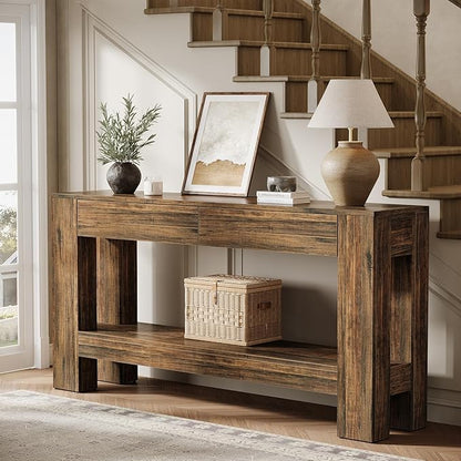 Tribesigns 63-Inch Console Table with 2 Drawers, 2-Tier Wooden Sofa Table Behind Couch, Farmhouse Entryway Console with Storage Shelf for Living Room, Entrance, Hallway (Dark Brown)