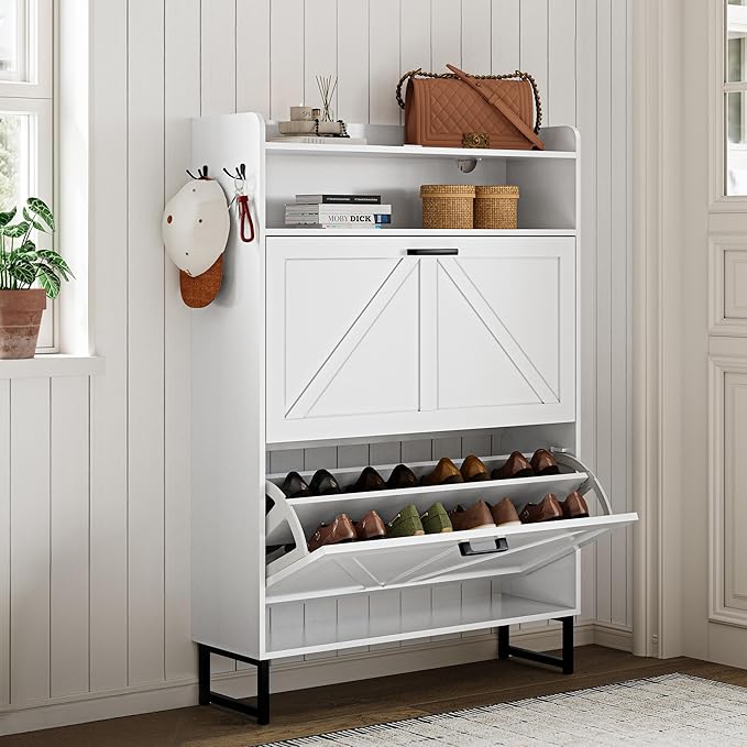 Shoe Storage Cabinet with 2 Flip Drawers, Narrow Wood Shoe Cabinet Storage for Entryway with Metal Legs & Hooks, Adjustable Shelves, Freestanding Shoe Rack Organizer for Foyer, Hallway, White