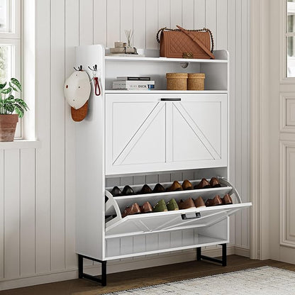 Shoe Storage Cabinet with 2 Flip Drawers, Narrow Wood Shoe Cabinet Storage for Entryway with Metal Legs & Hooks, Adjustable Shelves, Freestanding Shoe Rack Organizer for Foyer, Hallway, White
