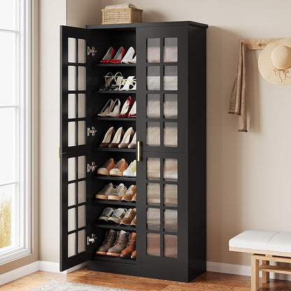 Tribesigns 70-Inch Tall Shoe Cabinet with Doors, 8-Tier Shoe Storage Cabinet with Adjustable Shelves, Modern Shoe Organizer Shoe Rack Cabinet for Entryway, Hallway, Closet, Living Room, Black and Gold