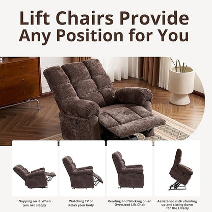 Oversized Power Lift Recliner Chair for Elderly, Electric Lift Chair with Masssage and Heat, Overstuffed Power Recliner for Adults, 3 Positions,USB Ports, Side Pockets, Coffee