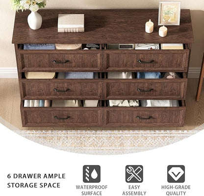 CARPETNAL Farmhouse Dresser and Nightstand Sets for Bedroom, 4 Pcs Bedroom Set, 5 Drawer & 6 Drawer Dresser and Nightstand Set of 2, Wood Chest of Drawers for Living Room, Entryway, Brown