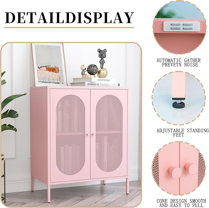 Display Cabinets with 2 Mesh Doors，Small Pantry Cabinet, Storage Closet with Adjustable Shelf and High Feet, Pink Cabinet for Home, Office, Living Room,Dining Room,Sideboard, Hallway and Entryway