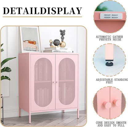 Display Cabinets with 2 Mesh Doors，Small Pantry Cabinet, Storage Closet with Adjustable Shelf and High Feet, Pink Cabinet for Home, Office, Living Room,Dining Room,Sideboard, Hallway and Entryway