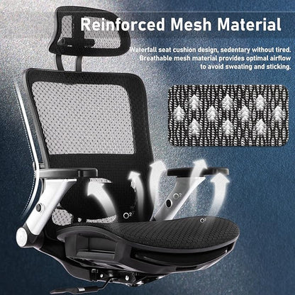 COLAMY Ergonomic Mesh Office Chair with Footrest, High Back Computer Executive Desk Chair with Headrest and 4D Flip-up Armrests, Adjustable Tilt Lock and Lumbar Support-Black
