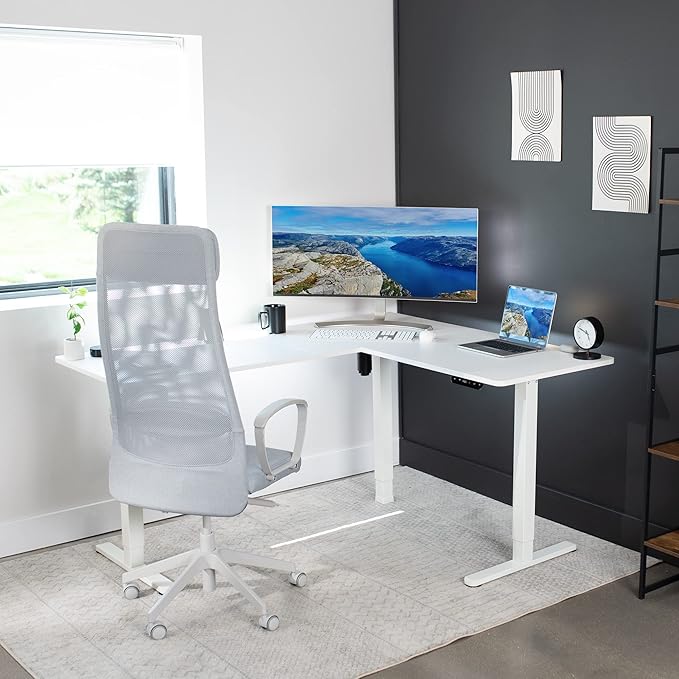 VIVO Corner Standing Desk, 63 x 55 inch Reversible L-Shaped Workstation, Electric Height Adjustment, Home, Office, and Reception Rooms, White Table Top White Frame, DESK-E3CTW