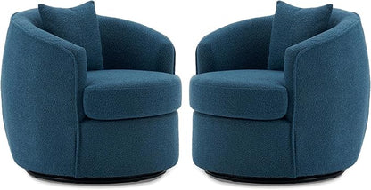 Swivel Accent Chair Set, Modern Upholstered Boucle Barrel Arm Chairs with Pillow for Living Room, 360 Degree Round Swivel Sherpa Armchair with Round Base for Bedroom Club (2, Dark Blue)