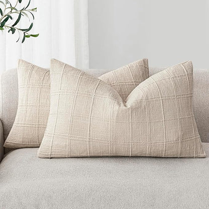 Foindtower Set of 2 Decorative Linen Check Throw Pillow Covers Neutral Farmhouse Lumbar Cushion Covers Modern Boho Home Decor for Sofa Chair Couch Bedroom Living Room,12×20 Inch,Natural Beige