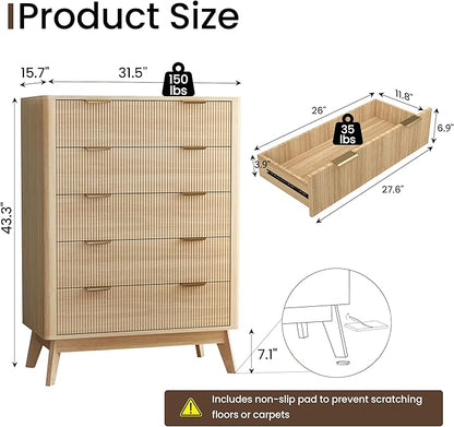 Fluted 5 Drawer Dresser, Tall Dresser with Deep Drawers, Wood Chest of Drawers for Bedroom, Modern Tall Chest Storage Organizer, Natural Finish for Hallway, Entryway, Living Room (Oak)