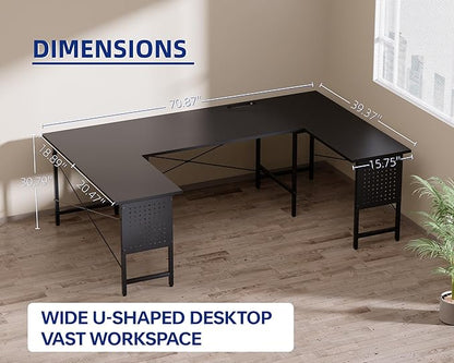 Pamray 71 Inch Large Computer Desk with Power Outlets,U Shaped Corner Desk for Home Office Work and Gaming Black