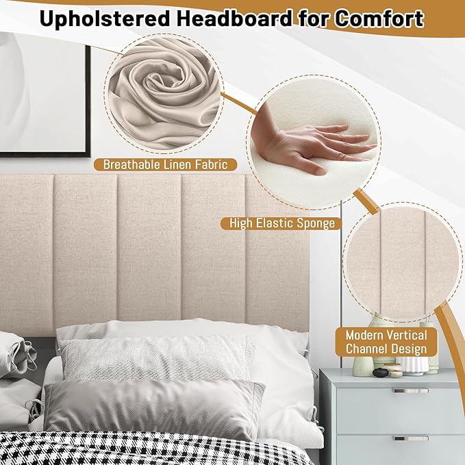 KOMFOTT Linen Upholstered Headboard for Full & Queen Size Bed, Vertical Channel Tufted Rectangular Headboard with Solid Wood Legs & Adjustable Width, Padded Bed Backboard, Easy Assembly, Beige