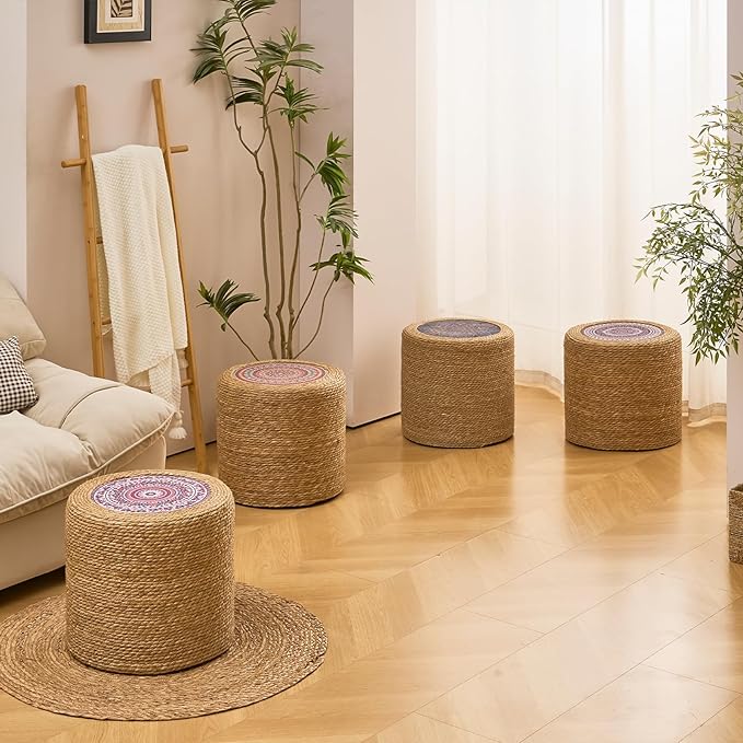 Wimarsbon 18'' Ottoman Pouf, Natural Braided Poof, Rustic Handweave Lounge Pouffe, Boho Footrest Stool for Bedroom, Accent Table for Living Room (18inch Natural Cattail-Boho Style 1)