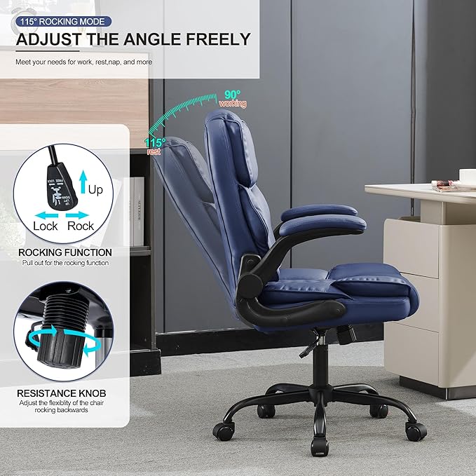 Office Desk Chair,Mid Back Executive Leather Chair,Ergonomic Home Computer Chair,Modern Conference Room Chairs with Adjustable Flip-Up Arms and Rocking Function (Navy Blue)