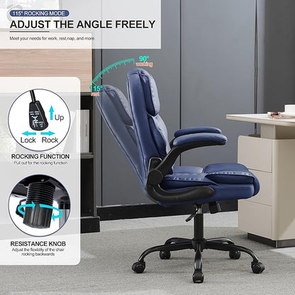 Office Desk Chair,Mid Back Executive Leather Chair,Ergonomic Home Computer Chair,Modern Conference Room Chairs with Adjustable Flip-Up Arms and Rocking Function (Navy Blue)