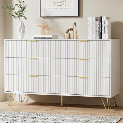 White Dresser for Bedroom, Modern Dresser with Gold Metal Handles & Chests of Drawers for Bedroom, 15.7" D x 47.2" W x 29.5" H