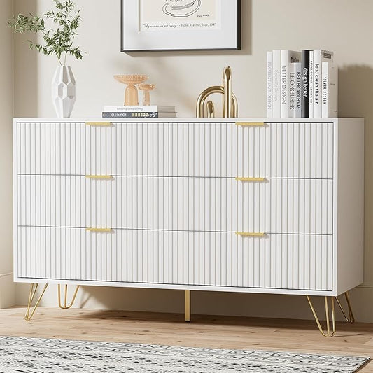 White Dresser for Bedroom, Modern Dresser with Gold Metal Handles & Chests of Drawers for Bedroom, 15.7" D x 47.2" W x 29.5" H