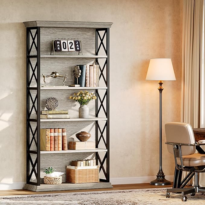 Tribesigns 71-Inch Tall Bookcase, 5-Tier Industrial Metal Bookshelf, Large Etagere Bookcases and Bookshelves, Freestanding Display Shelves for Living Room, Bedroom, Gray and Black (Set of 2)