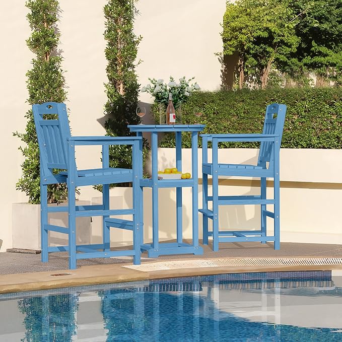 Outdoor Patio Bar Height Chair, All-Weather HDPE Tall Balcony Adirondack Stools for Bistro, Garden, Backyard, Deck | Blue