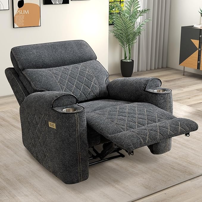Electric Recliner Chair, Soft Fabric Power Recliners with Metal Cup Holders, Single Overstuffed Heavy Duty Reclining Sofa Chairs for Living Room Bedroom, Dark Grey