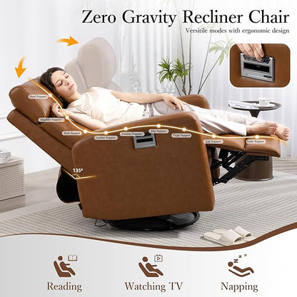 Genuine Leather Power Swivel Recliner Chair, Glider Electric Rocking Chair for Adults. Nursery Rocker Sofa Chair with Adjustable Headrest for Living Room. Wireless Charging/Type-C&USB, Brown