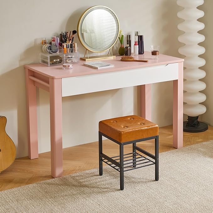 IBUYKE Square Makeup Stool with Adjustable Feet and Storage Space, Footrest Chair, PU Vanity Seat, Multi-Use as Small Side Table or Ottoman, for Bedroom, Light Brown LG-60J