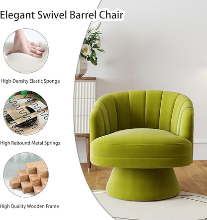 Swivel Accent Chair,Upholstered Velvet 360° Swivel Barrel Chair for Living Room Overstuffed Bouncle Reading Chair Round Armchair for Bedroom,Vanity,Office (Grass Green)