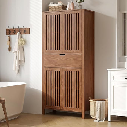 69" Tall Farmhouse Storage Cabinet with Drawer & Adjustable Shelves, Grille Door Organizer Unit, Anti-Tip Design for Bathroom, Kitchen, Living Room, Rustic Brown