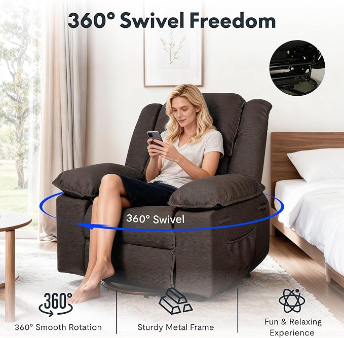 FLEXISPOT Massage Swivel Rocker Recliner Chair for Adults, Rocking Chair Nursery with Massage and Heat, USB Charging Port, 360° Swivel Recliner for Living Room Bedroom Nursery, Brown (XRC2)