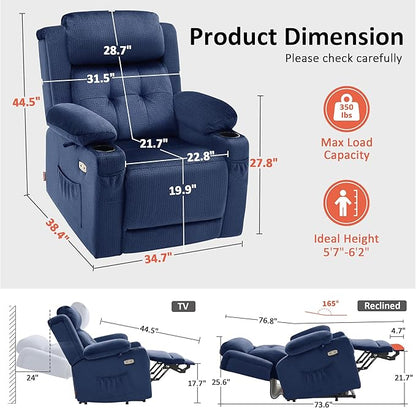MCombo Large Triple Motor Power Lift Recliner Chair with Massage and Heat for Elderly People, Adjustable Headrest, Infinite Position, USB Ports, Fabric 7662 (Navy Blue, Large)
