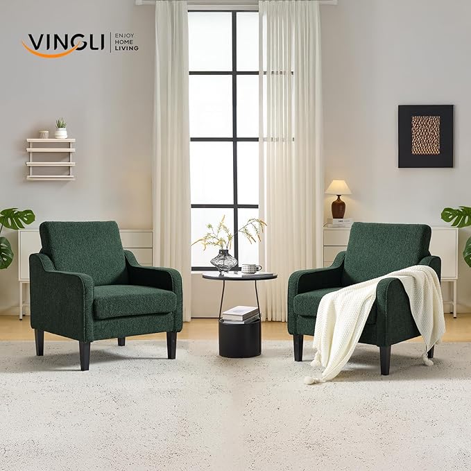 VINGLI Accent Chair for Living Room Chairs Reading Chair for Bedroom Chair Scooped Arm Chair Mid Century Modern Accent Chairs Upholstered Comfy Chair for Apartment, Waiting Room (2, Dark Green)