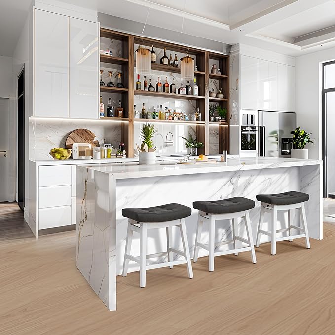 Counter Height Bar Stool for Kitchen Counter Modern Backless Barstool with Upholstered Faux Leather Seat and Solid Wood Leg Farmhouse 24 inch Bar Chair, Grey + White, 1pc
