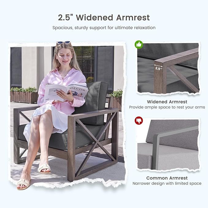 UDPATIO 5 Piece Aluminum Patio Furniture Set Faux Wood Grain Modern Outdoor Furniture Set with 6" Olefin Fabric Cushions and Coffee Table, 600D Waterproof Cover Included, Dark Grey