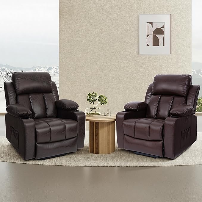 FLEXISPOT XL31-L Power Lift Recliner Chair for Elderly, Electric Lift Chair with Massage & Heat, PU Leather Reclining Sofa with Cup Holders, Side Pockets for Living Room Bedroom(Large Size, Pecan)