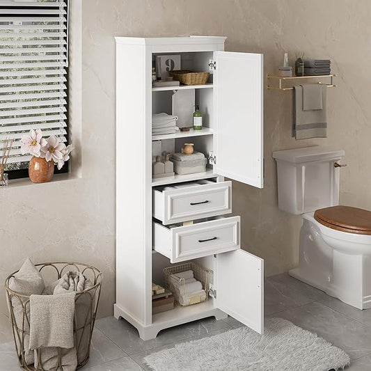 Tall Freestanding Storage Cabinet with 2 Doors & 2 Drawers, Multi-Purpose Organizer with Adjustable Shelf for Bathroom, Office, Living Room, White