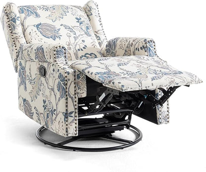 UIXE Swivel Rocker Manual Recliner Chair, Wingback Swivel Glider Fabric Nursery Reclining Sofa Chair, High Back Upholstered Arm Chair for Living Room Bedroom - Blue Plants