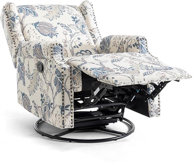 UIXE Swivel Rocker Manual Recliner Chairs Set of 2, Wingback Swivel Glider Fabric Nursery Reclining Sofa Chair, High Back Upholstered Arm Chair for Living Room Bedroom - Blue Plants