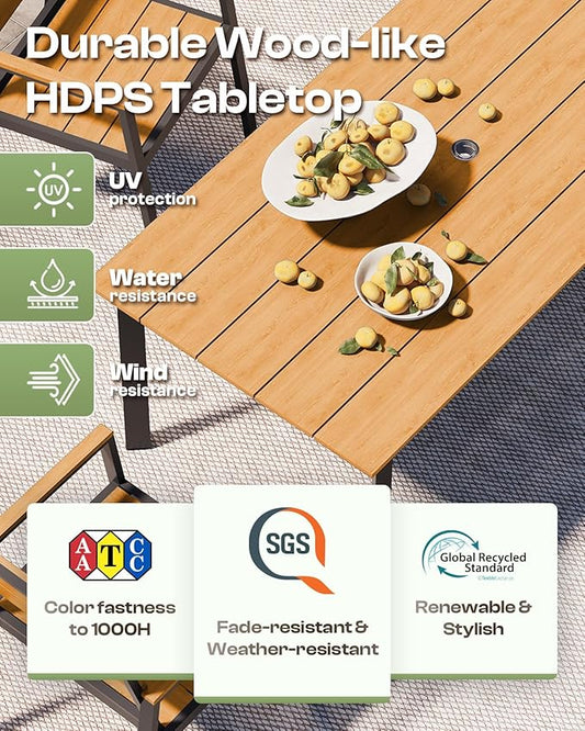 Outdoor Dining Set for 6, Patio Dining Sets with Umbrella Hole, 7 Pieces HDPS Outdoor Table and Chairs for Patio, Garden