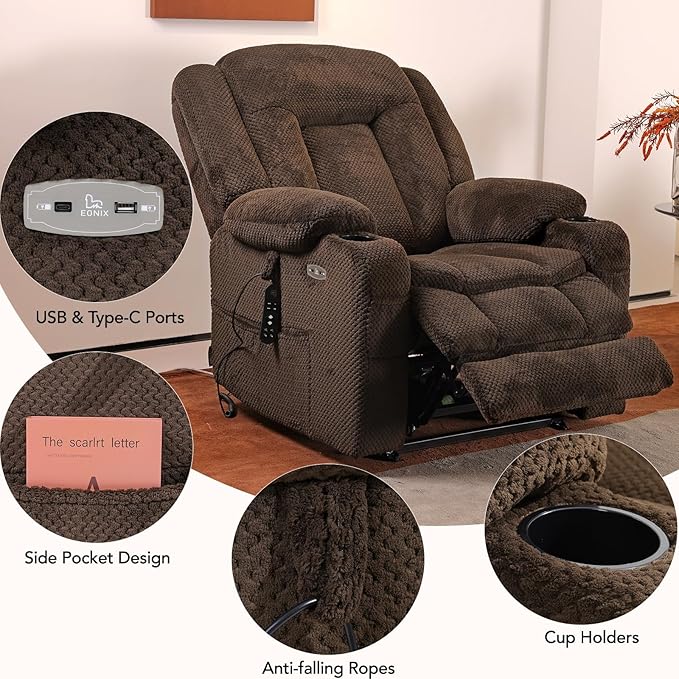 EONIX Lay Flat Power Lift Recliner Chair with Heat and Massage, Dual Motor Electric Lift Chair for Elderly for Postoperative Recovery, 400lbs Heavy Duty, Cup Holders, Lumbar Pillow, Coffee