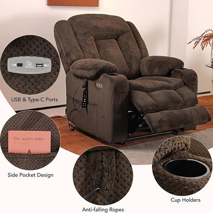 EONIX Lay Flat Power Lift Recliner Chair with Heat and Massage, Dual Motor Electric Lift Chair for Elderly for Postoperative Recovery, 400lbs Heavy Duty, Cup Holders, Lumbar Pillow, Coffee
